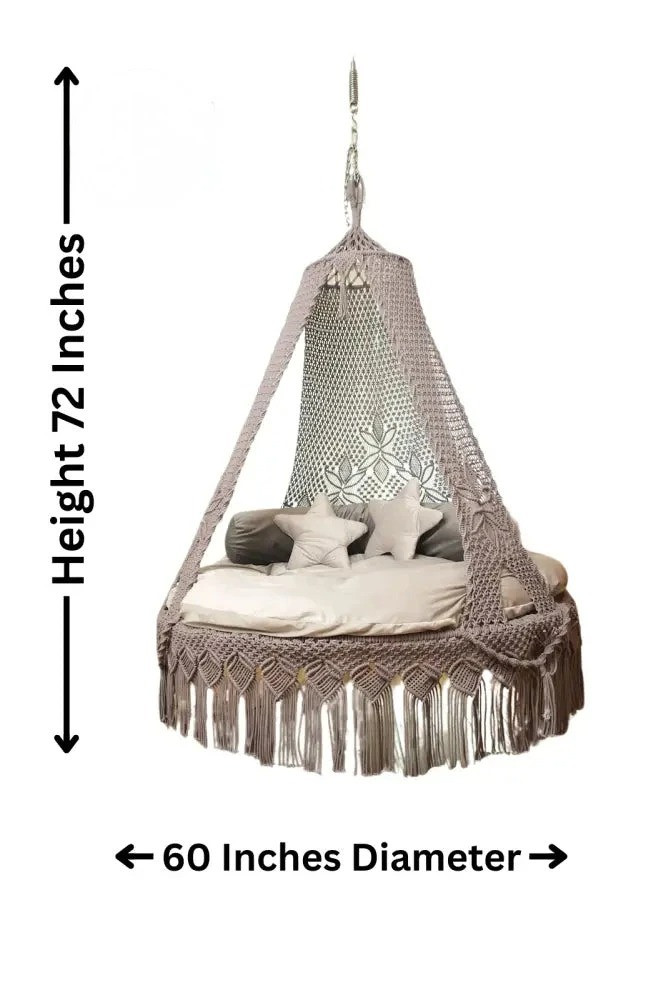 Muizz Macrame Large Swing Hammock Chair For Adults & Kids, With Tufted Soft Deep Cushion | Backyard Relax Jhula For Living Room, Balcony - Outdoor Indoor Furniture - Cotton, White