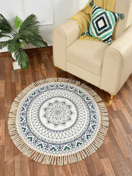 Blue Cotton Round Floral Printed Carpet - 3 FT