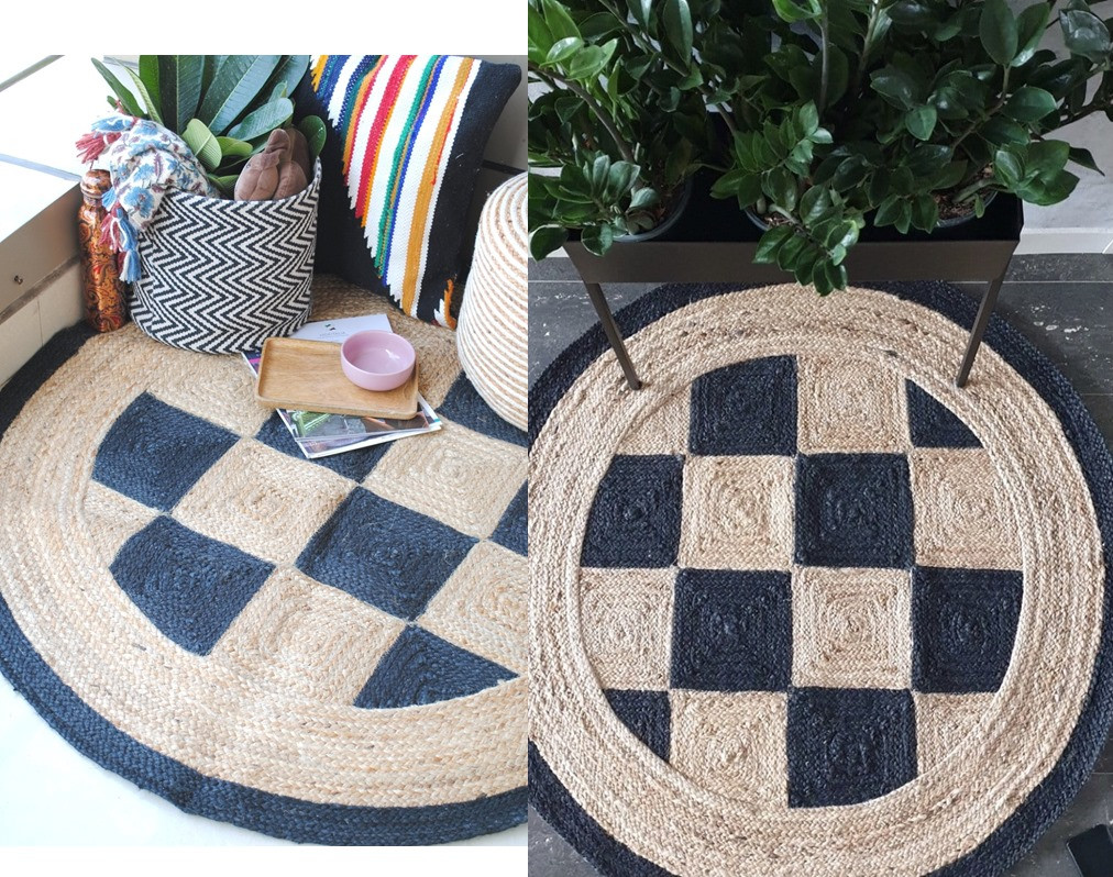 ROUND NATURAL JUTE + COTTON RUG 3X3' SIZE,